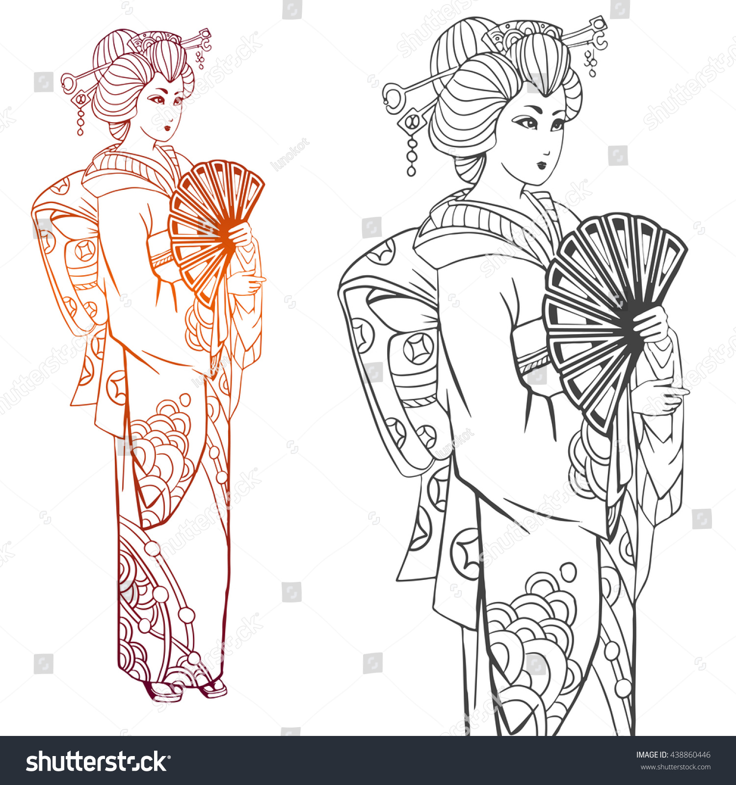 Japanese Women Kimono Adult Coloring Book Stock Vector 438860446