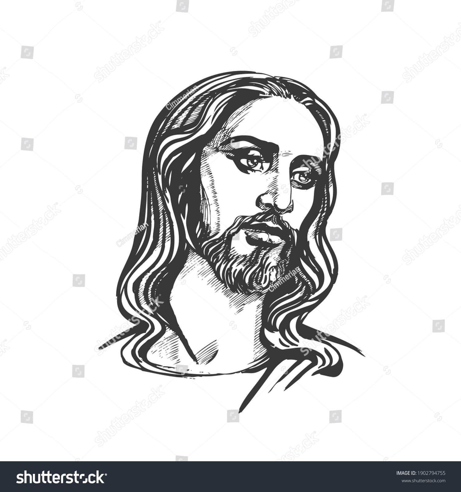 Jesus Christ Graphic Portrait Hand Drawing Vetor Stock Livre De