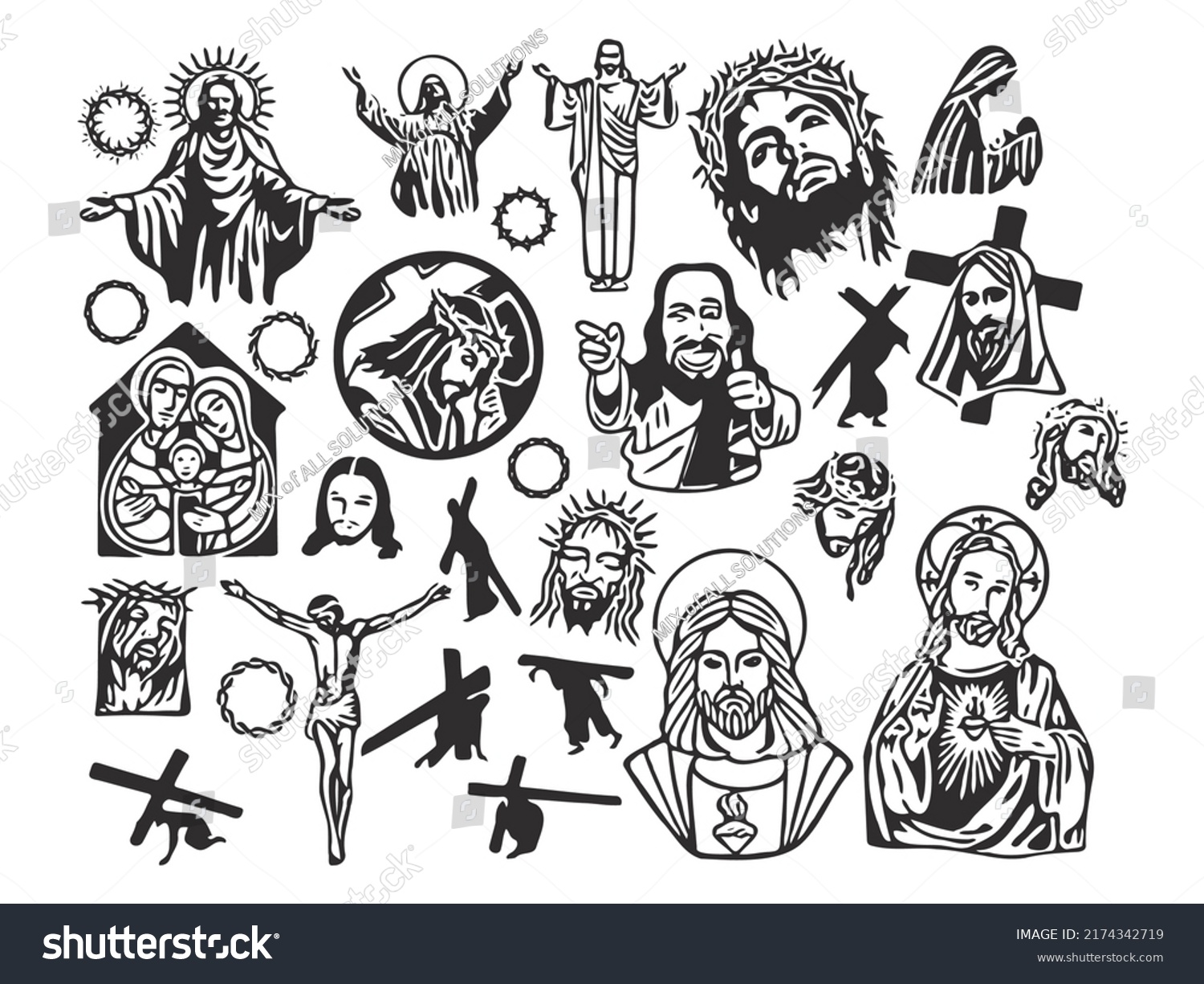 Jesus Christ Set Graphic Portraits Hand Stock Vector Royalty Free