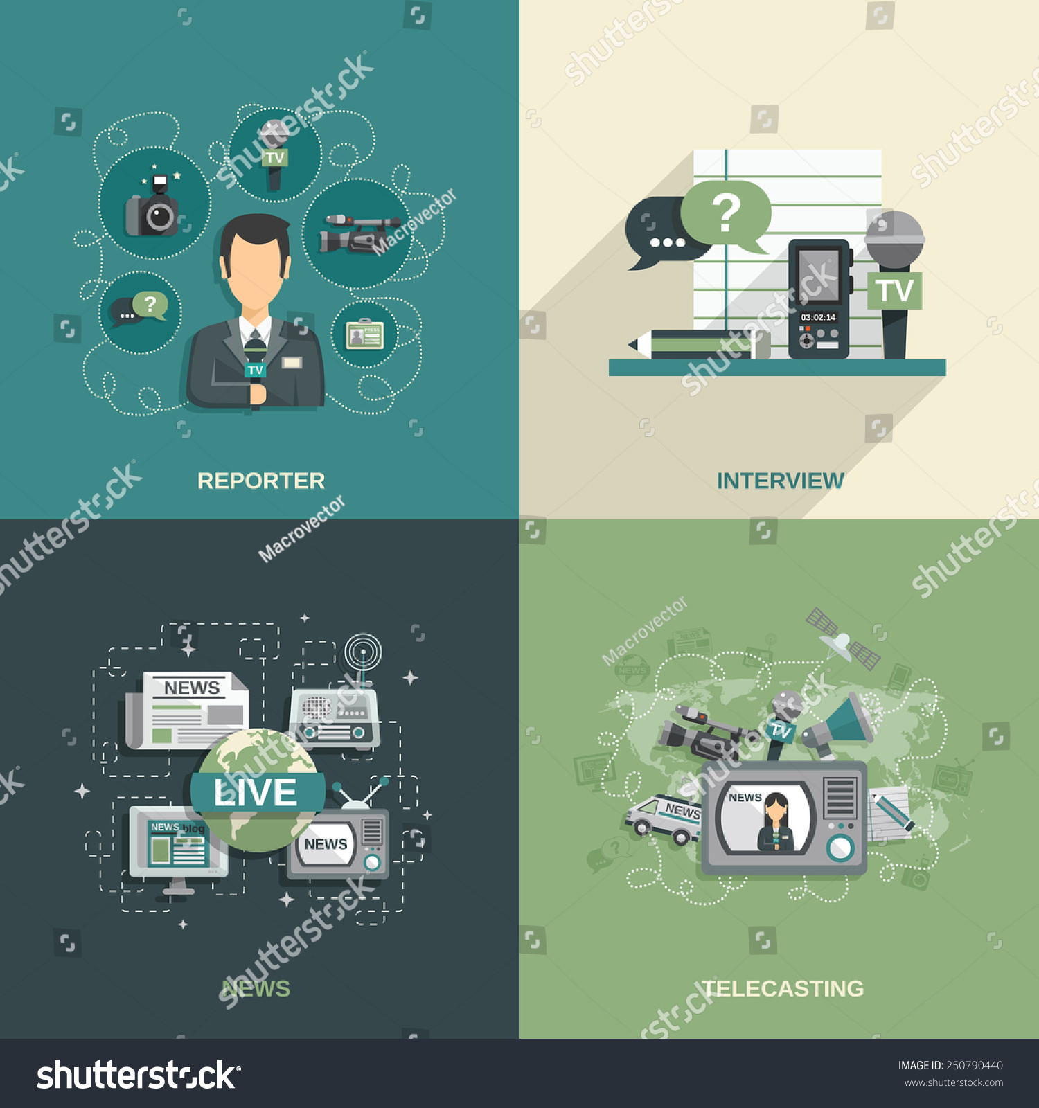 Journalist design concept set with reporter interview news telecasting flat icons isolated vector illustration Journalist design concept set with reporter interview news telecasting flat icons isolated vector illustration