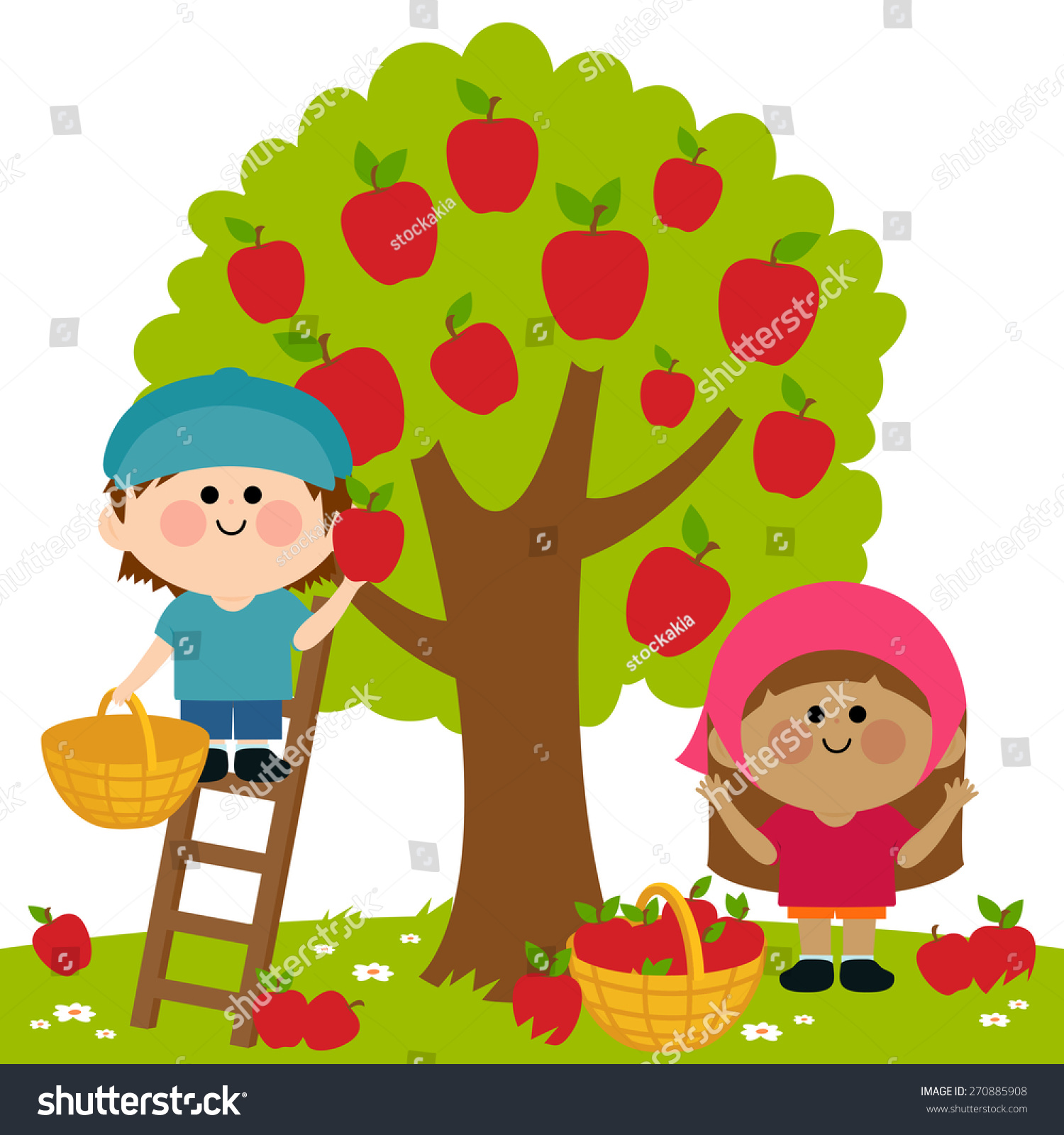 Kids Harvesting Apples. Vector Illustration Of Two Children, A Boy And