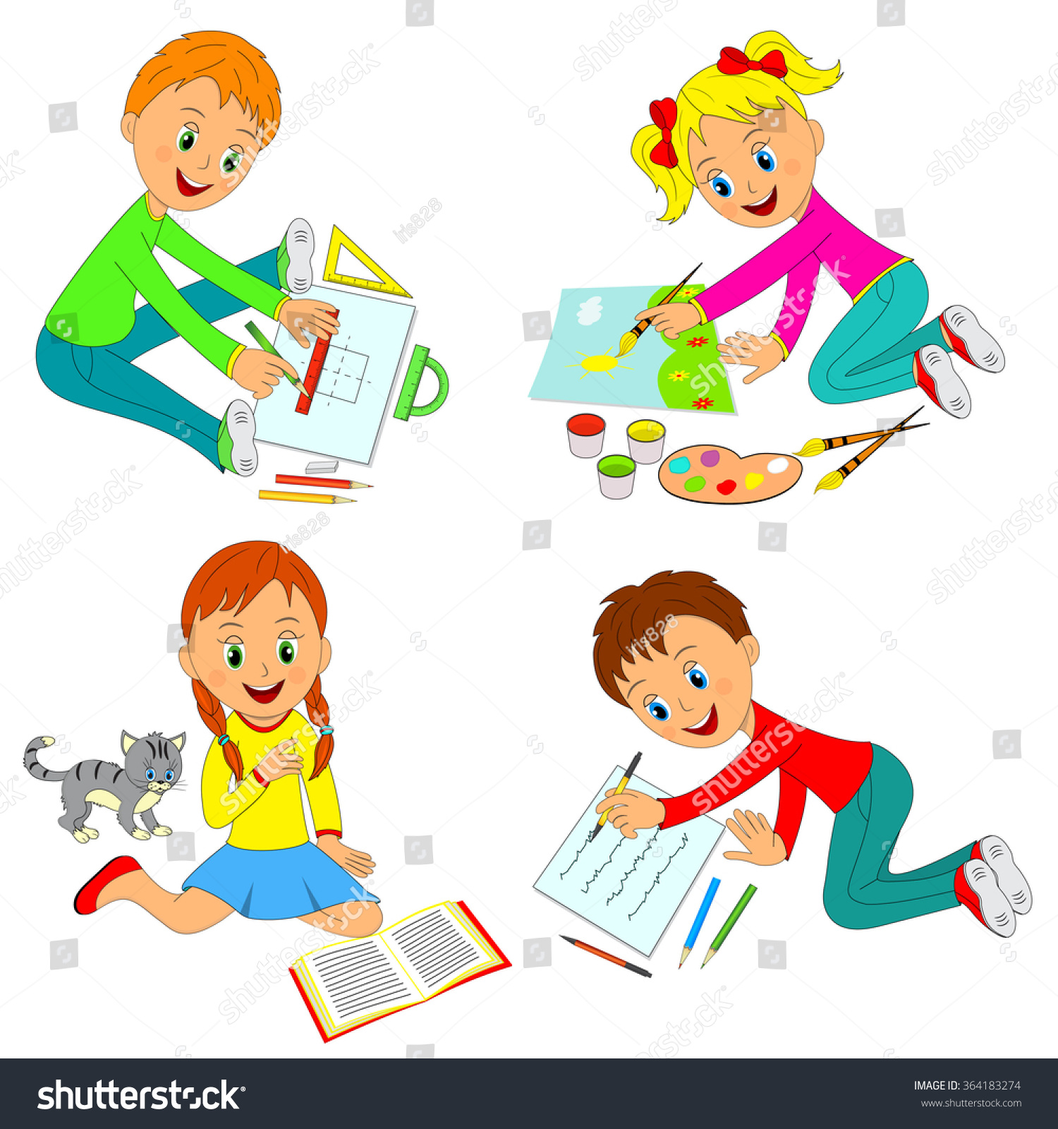 Kids Learning Activityboys Girls Drawwrite Readillustrationvector Stock