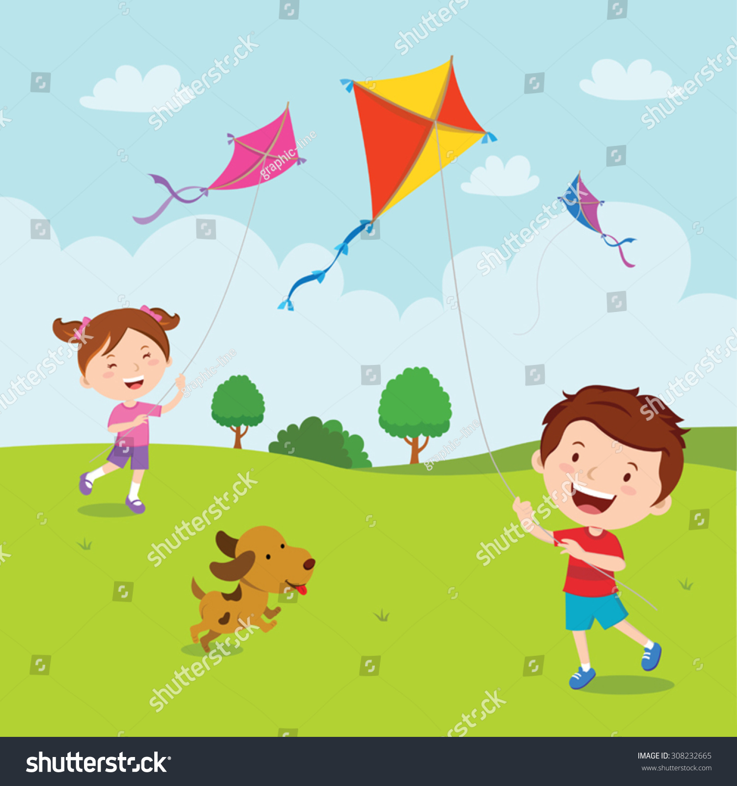 Kids Playing Kites Vector Illustration Children Stock Vector 308232665