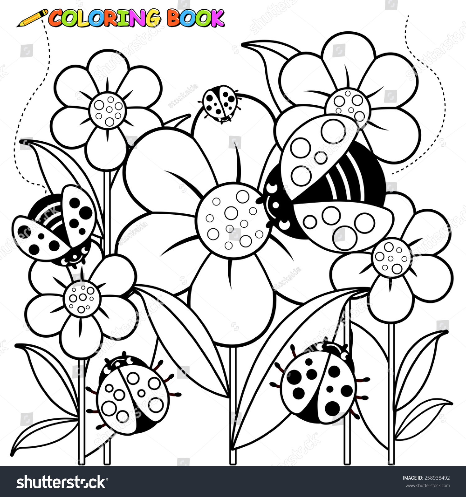 Ladybugs Flowers Coloring Page Stock Vector 258938492 - Shutterstock