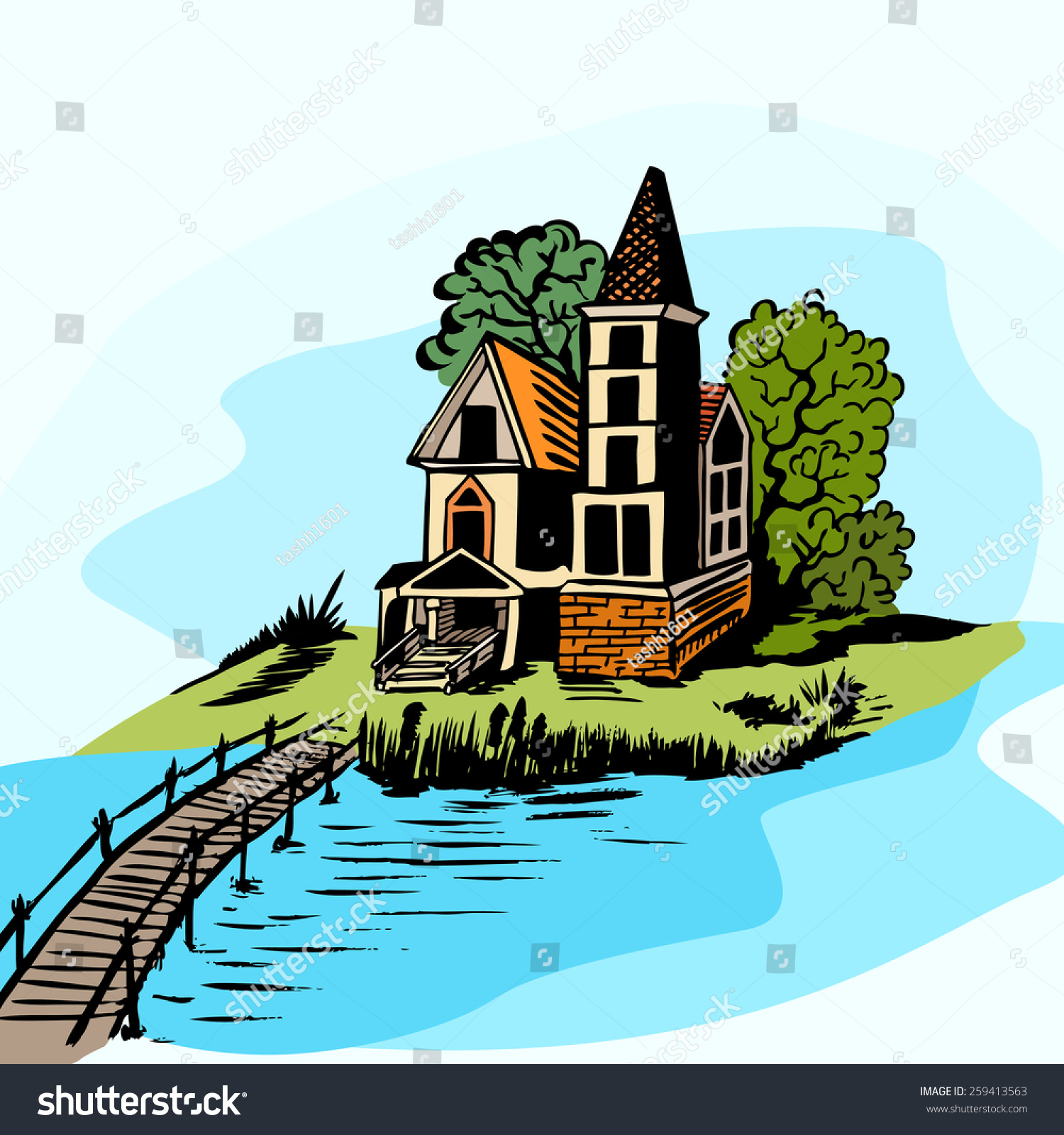 Landscape - House By The River. Wooden Bridge. Color Drawing. Stock ...