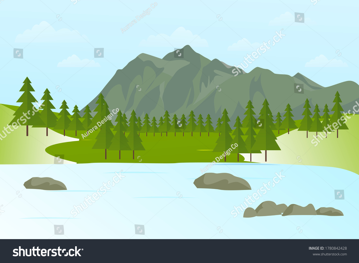 Landscape Mountain Flat Design Mountain Lake Stock Vector Royalty Free