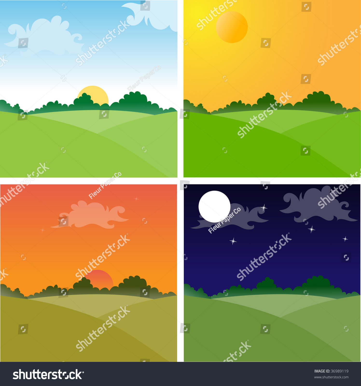 Landscapes Showing Day Cycle. No Transparencies. Stock Vector