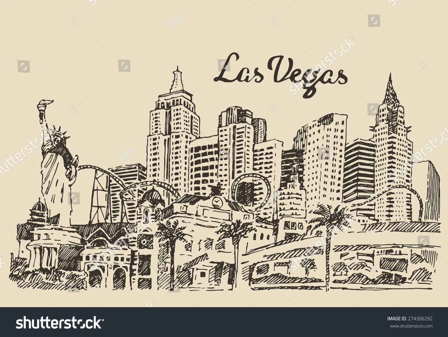 Las Vegas Skyline, Big City Architecture, Vintage Engraved Vector
