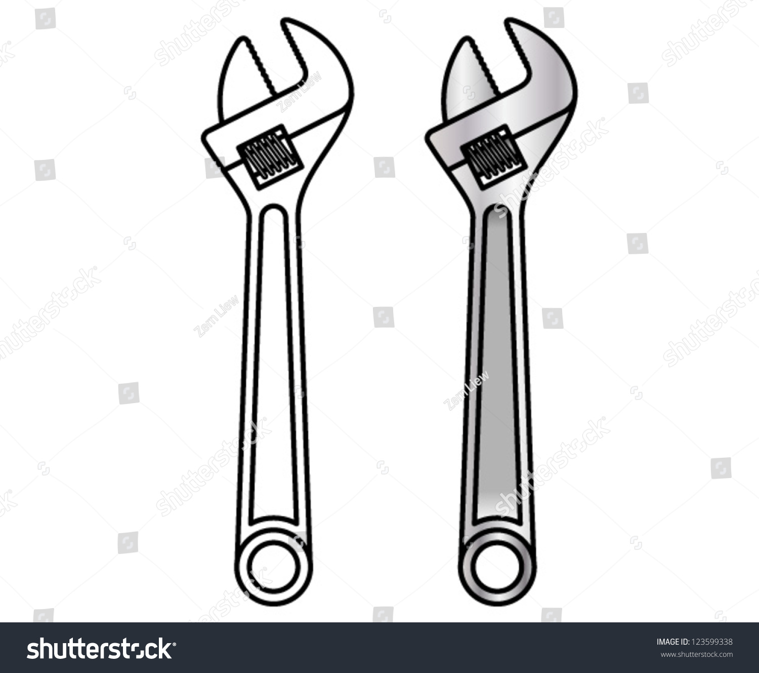 Line And Coloured Drawings.Of An Adjustable Wrench. Stock Vector