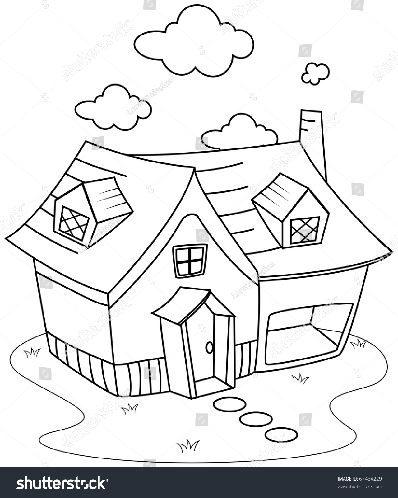 Line Art Illustration Of A Cute Little House (Coloring Page) - 67434229
