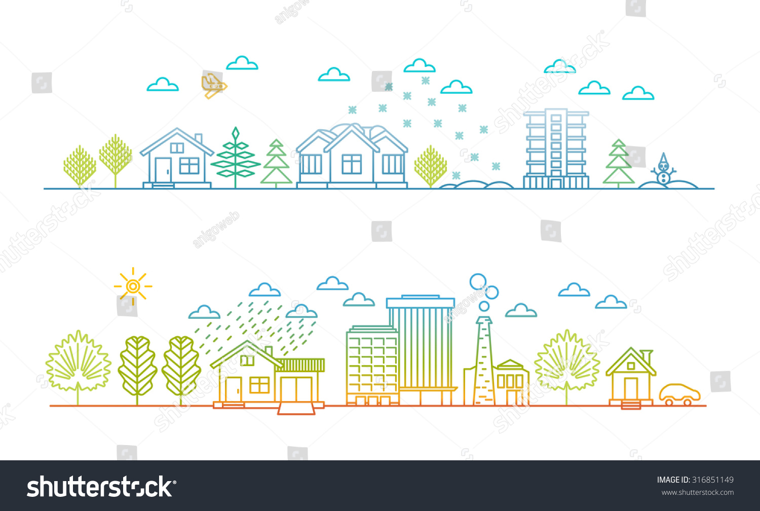 Linear style city illustration cityscape at Christmas and in summer day Linear style city illustration cityscape at Christmas and in summer day
