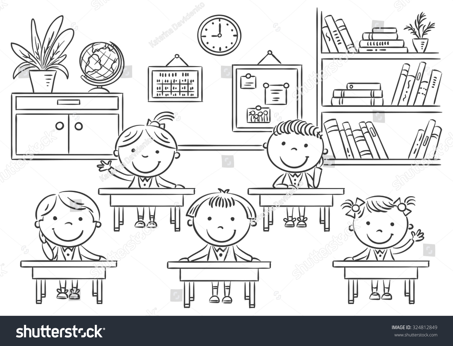 Little Cartoon Kids In A Classroom, Black And White Outline Stock