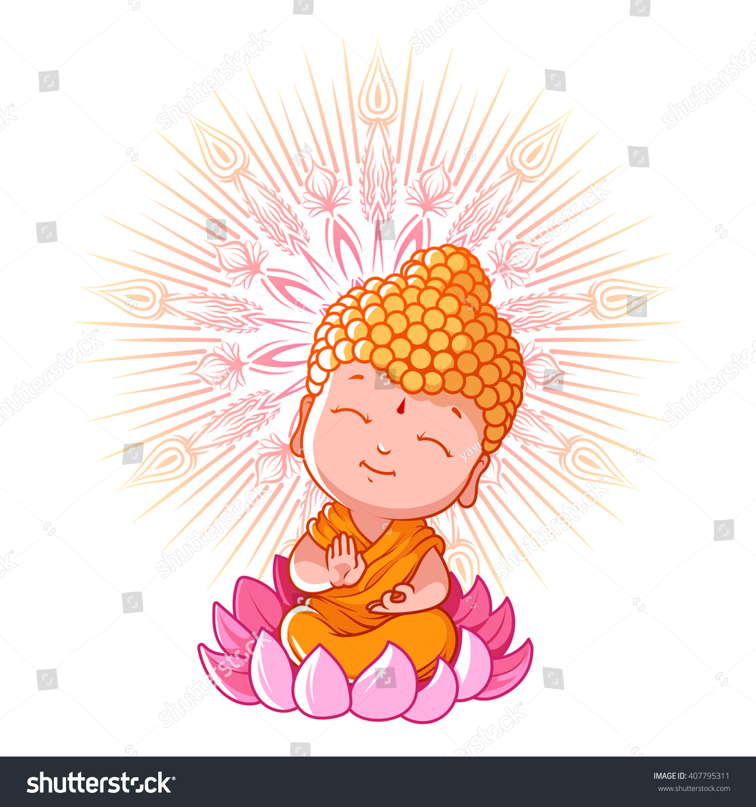 Little Meditating Buddha On The Lotus. Cartoon Character. Vector