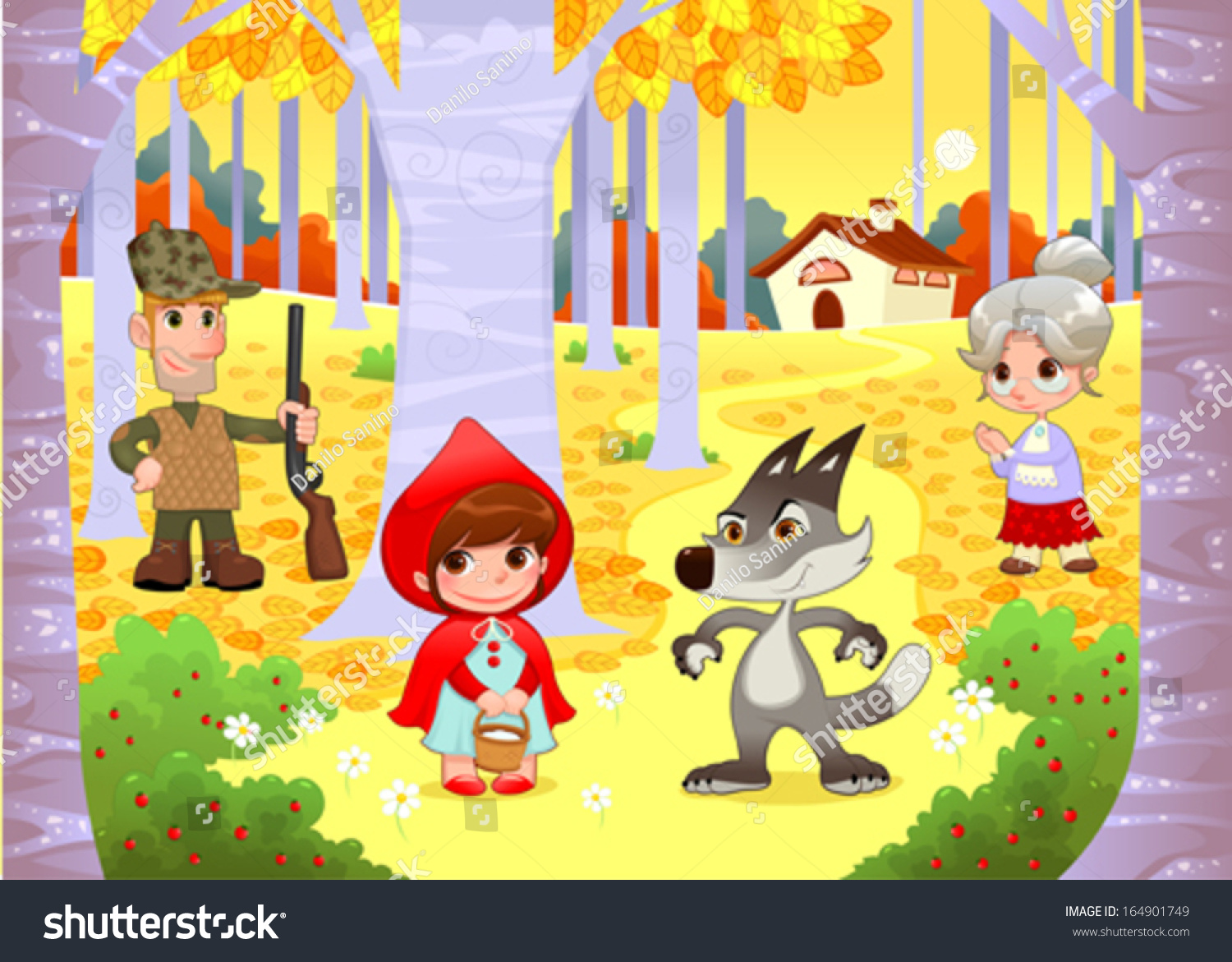 Little Red Hiding Hood Scene. Funny Cartoon And Vector Illustration