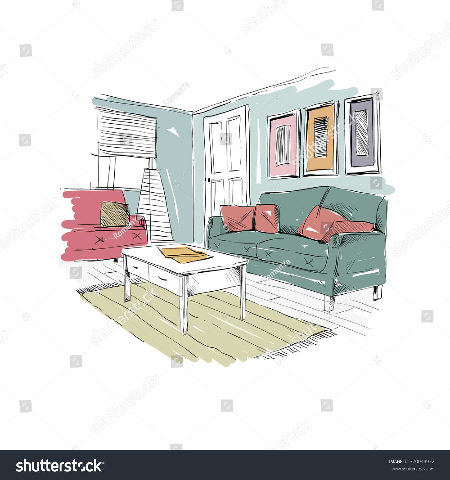 Living Room Design Interior Sketch Hand Stock Vector 370044932