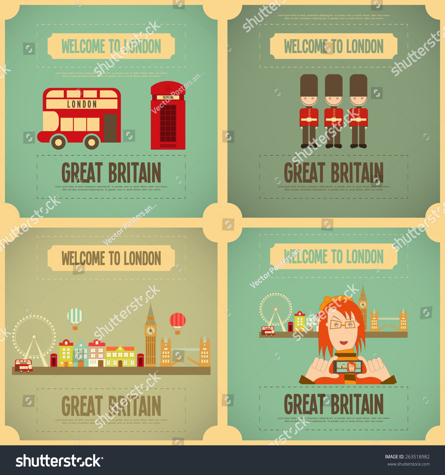 London. English Poster Set With British Theme. Vector Illustration