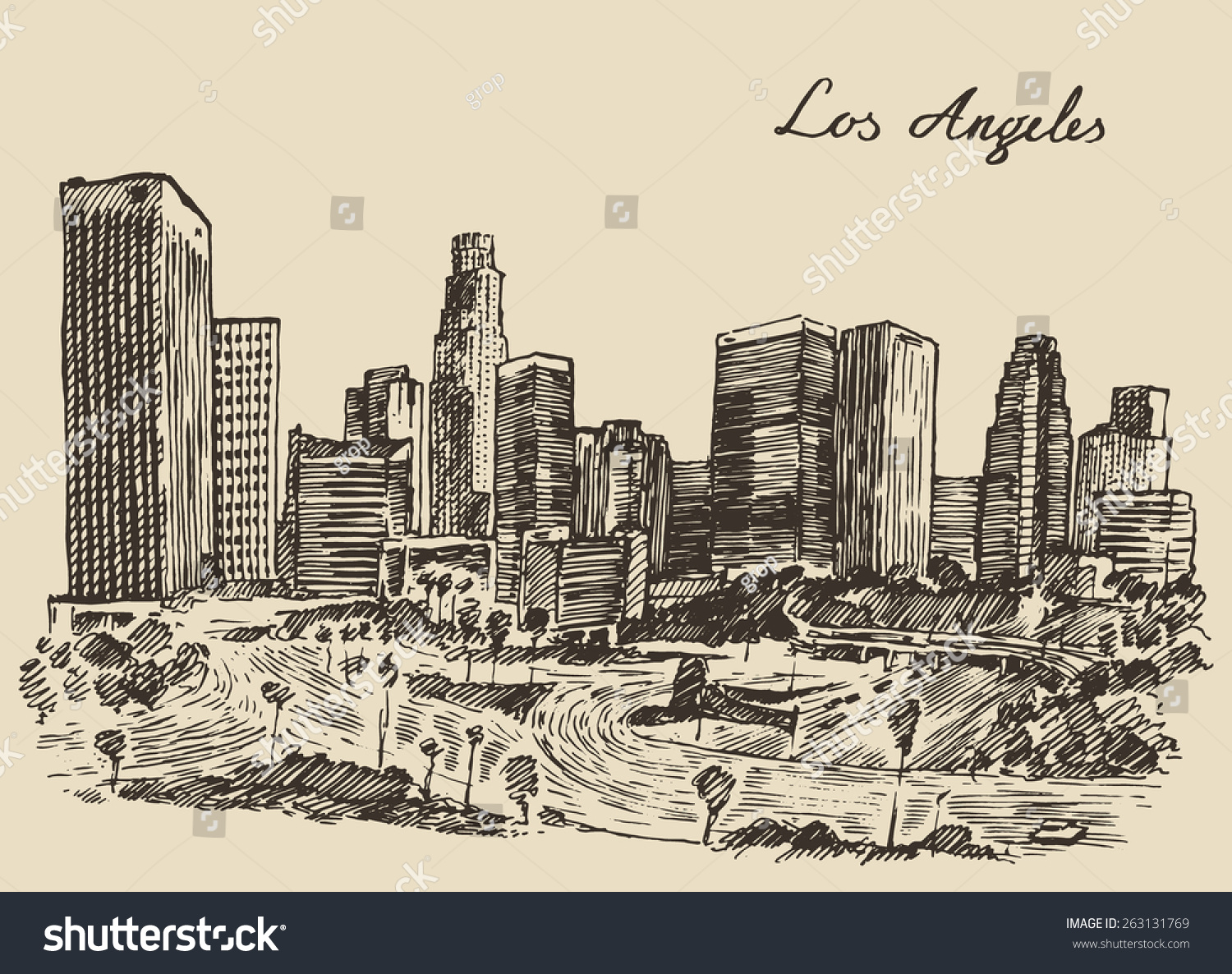 Los Angeles Skyline (California), Vintage Engraved Illustration, Hand