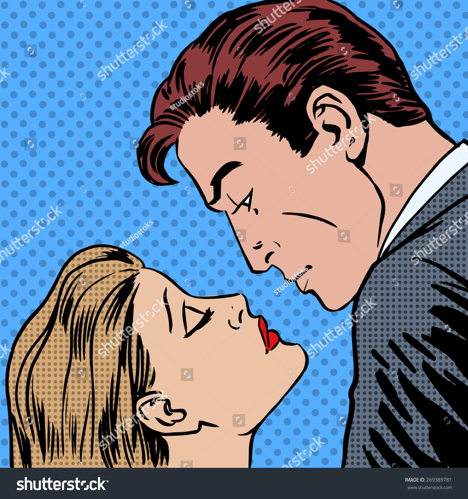 Love Men And Women Kiss Pop Art Comics Retro Style Halftone Imitation