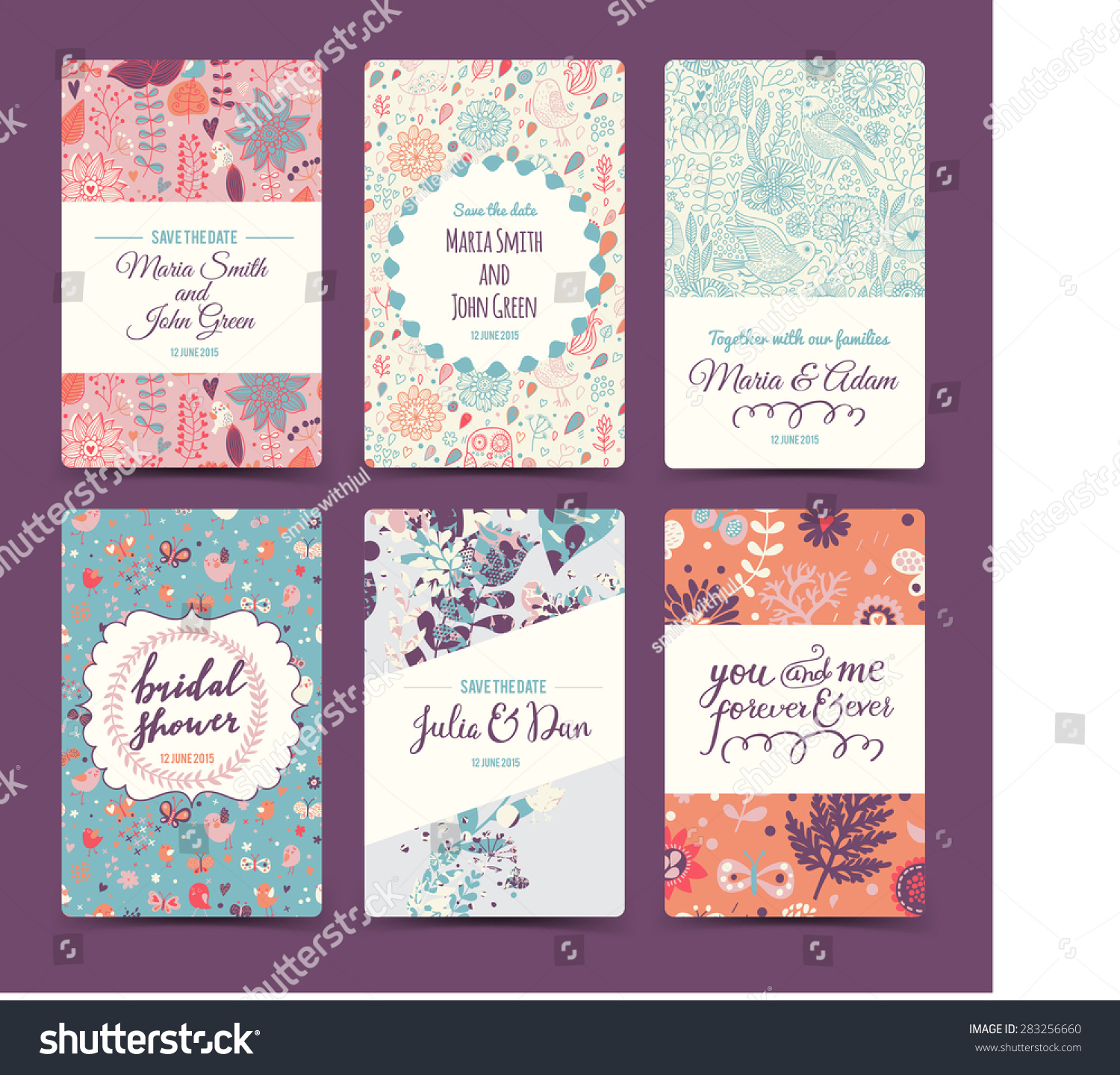 Lovely wedding romantic collection with 6 awesome cards made of hearts flowers wreaths laurel butterflies and birds Graphic set in retro style Sweet save the date invitation cards in vector Lovely wedding romantic collection with 6 awesome cards made of hearts flowers wreaths laurel butterflies and birds Graphic set in retro style Sweet save the date invitation cards in vector