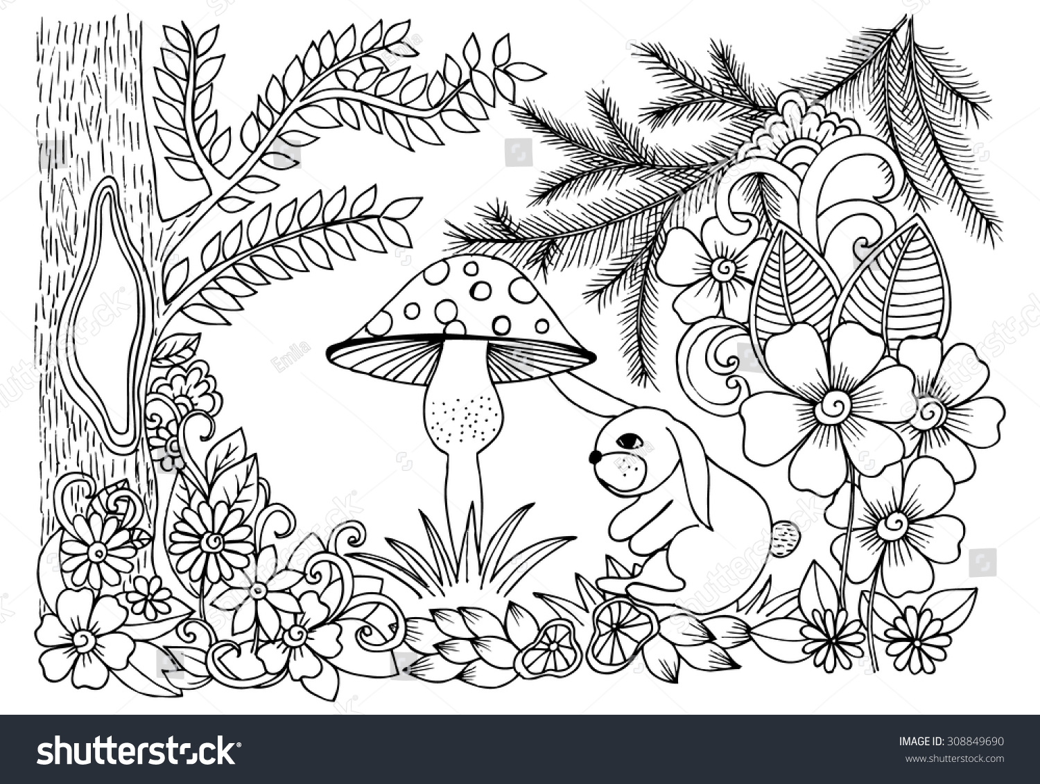 Magical Forest In Black And White. Doodle Floral Image For Coloring