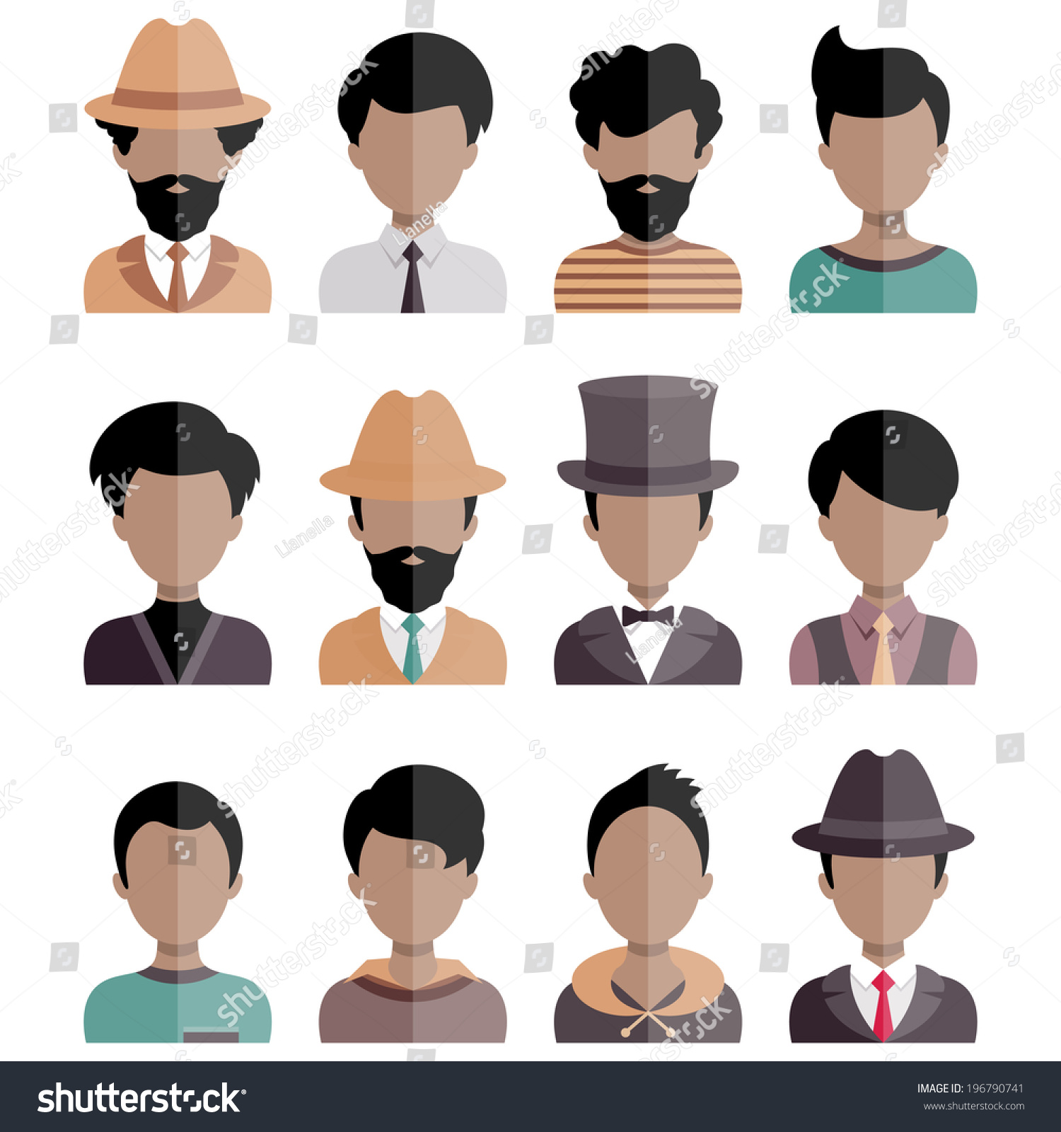 Male Icons Set In Trendy Flat Style. Vector Characters - 196790741