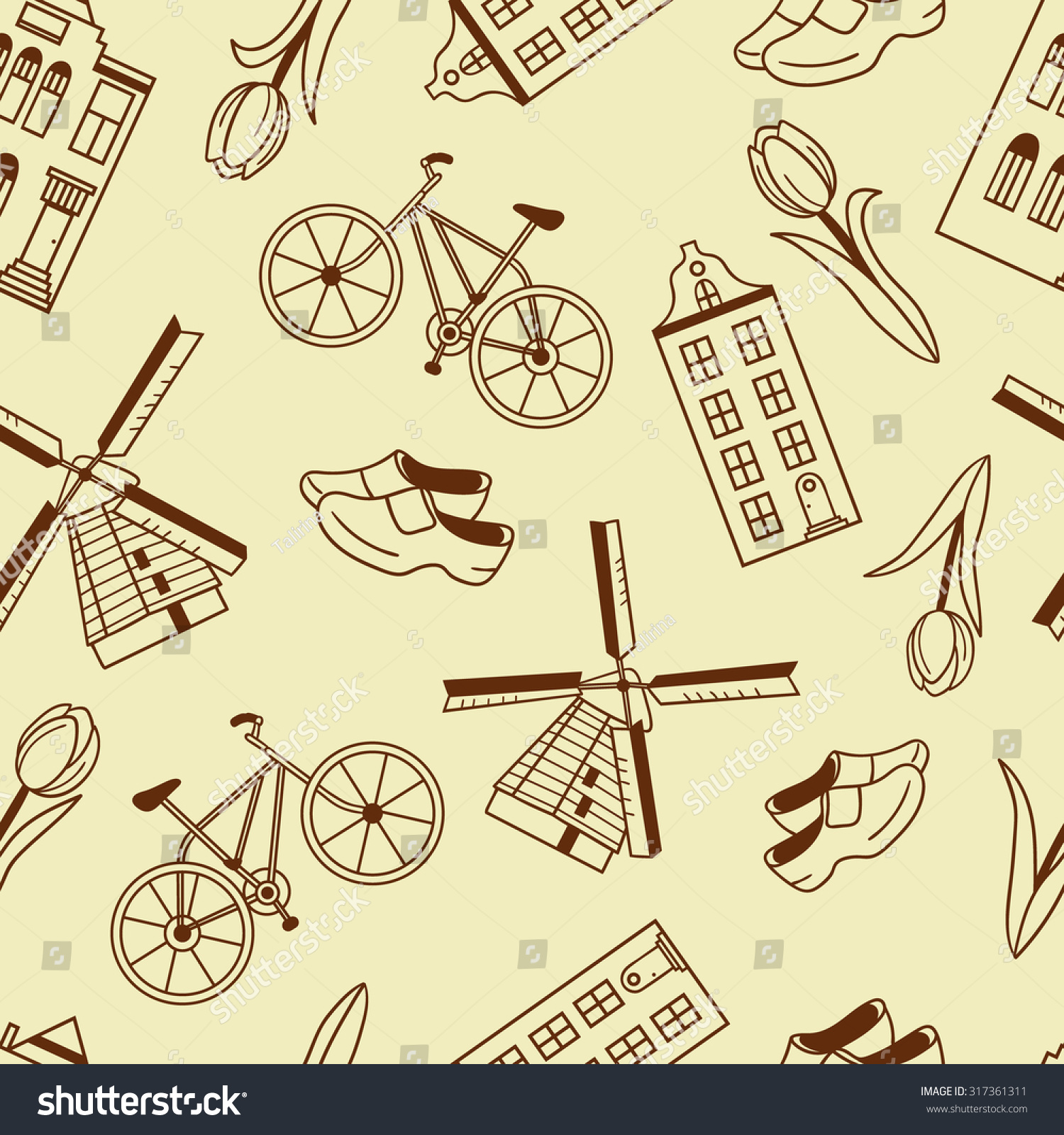 Many Symbols Of Holland Hand Drawn Seamless Pattern. Doodle Background ...