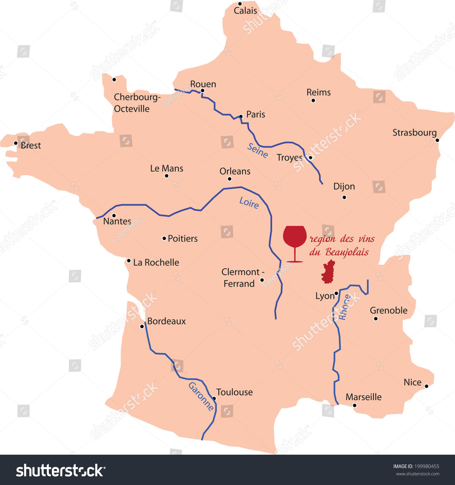 Map Wine Region Of Beaujolais In France Stock Vector Illustration