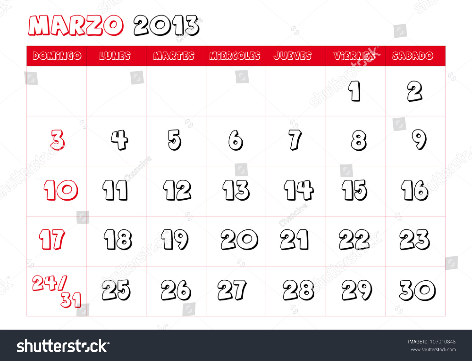 March 2013 Calendar In Spanish Stock Vector Illustration 107010848