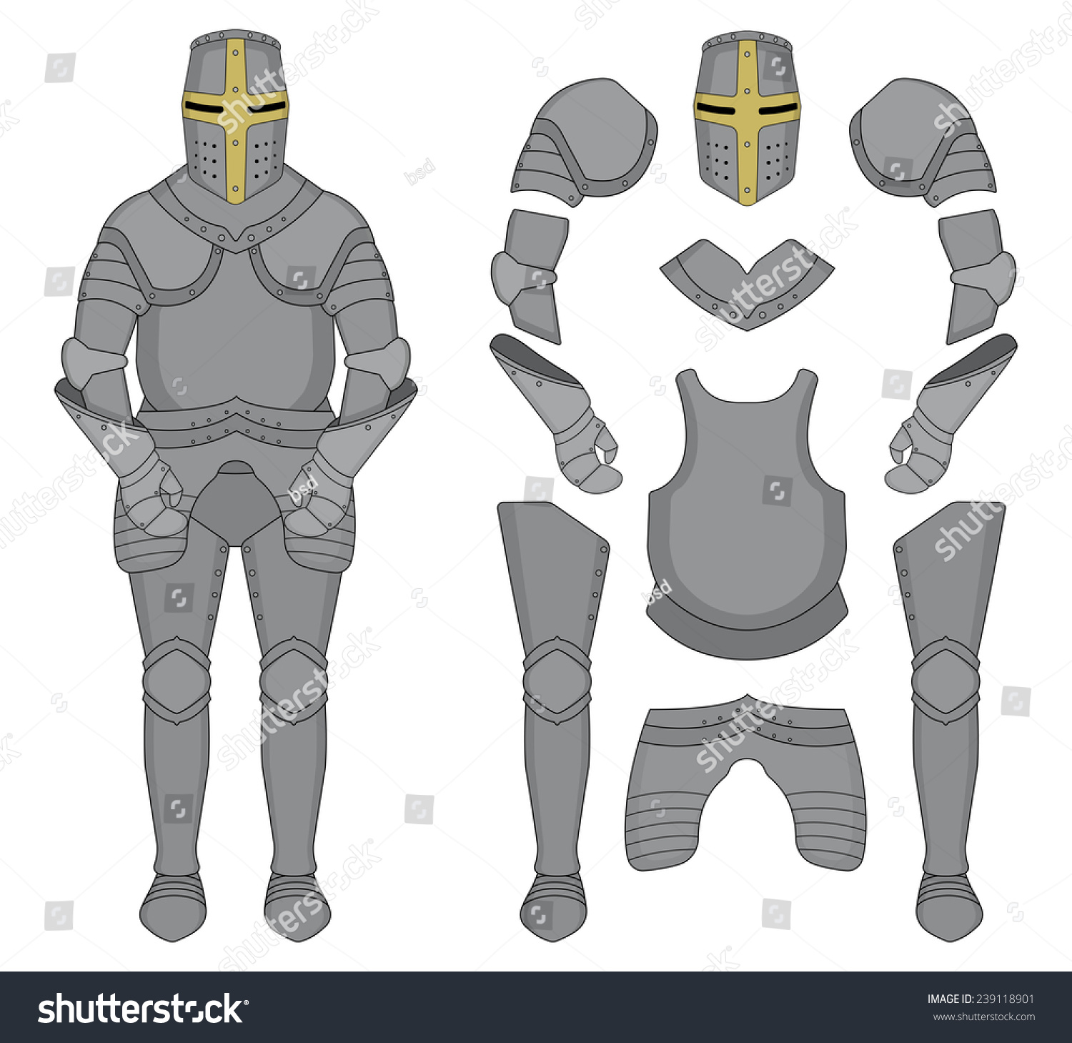 Medieval Templar Knight Armor Set Helmet Shoulders Gloves Breastplate Leggings Color Clip 0241