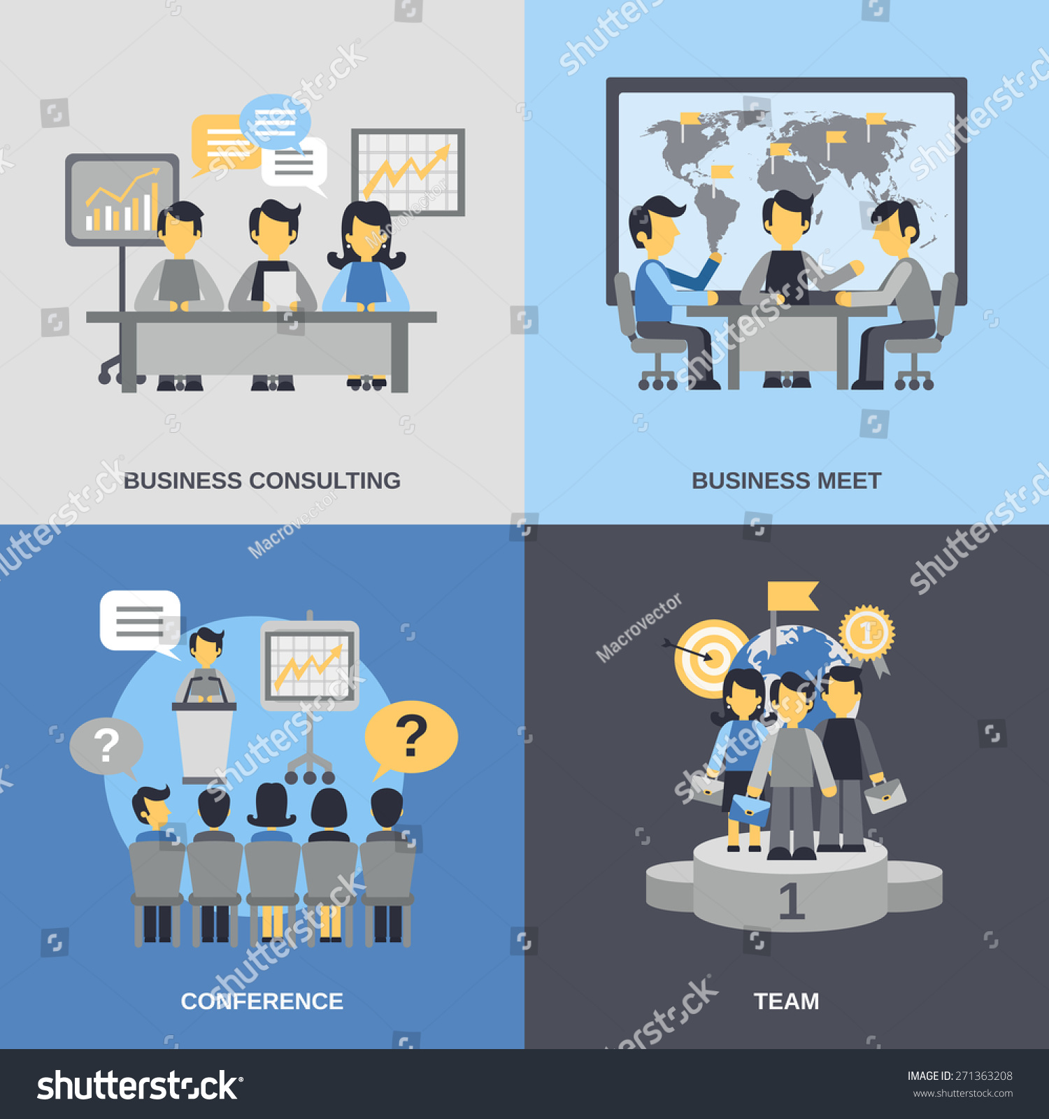 Meeting Design Concept Set With Business Consulting Team Conference Flat Icons Isolated Vector