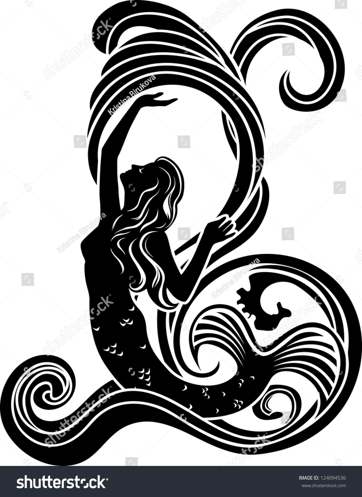 Mermaid In Waves Black Cliche In Style Of Art Nouveau Stock Vector