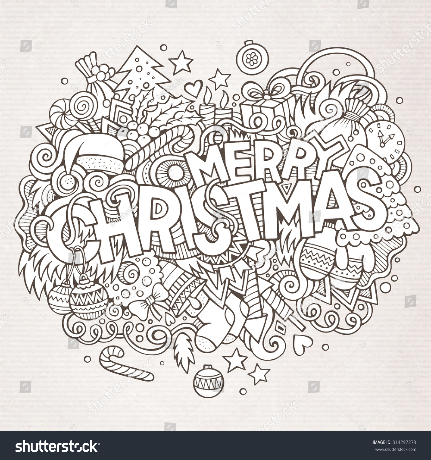 Merry Christmas Hand Lettering And Doodles Elements Background. Vector