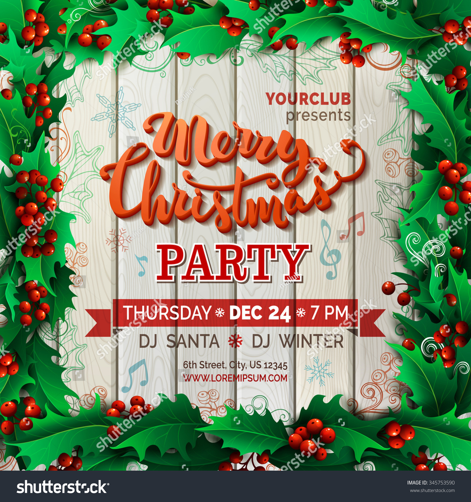 Merry Christmas Music Party Template Vector holly berries Christmas background There is place for your text on wood background in the center Merry Christmas Music Party Template Vector holly berries Christmas background There is place for your text on wood background in the center