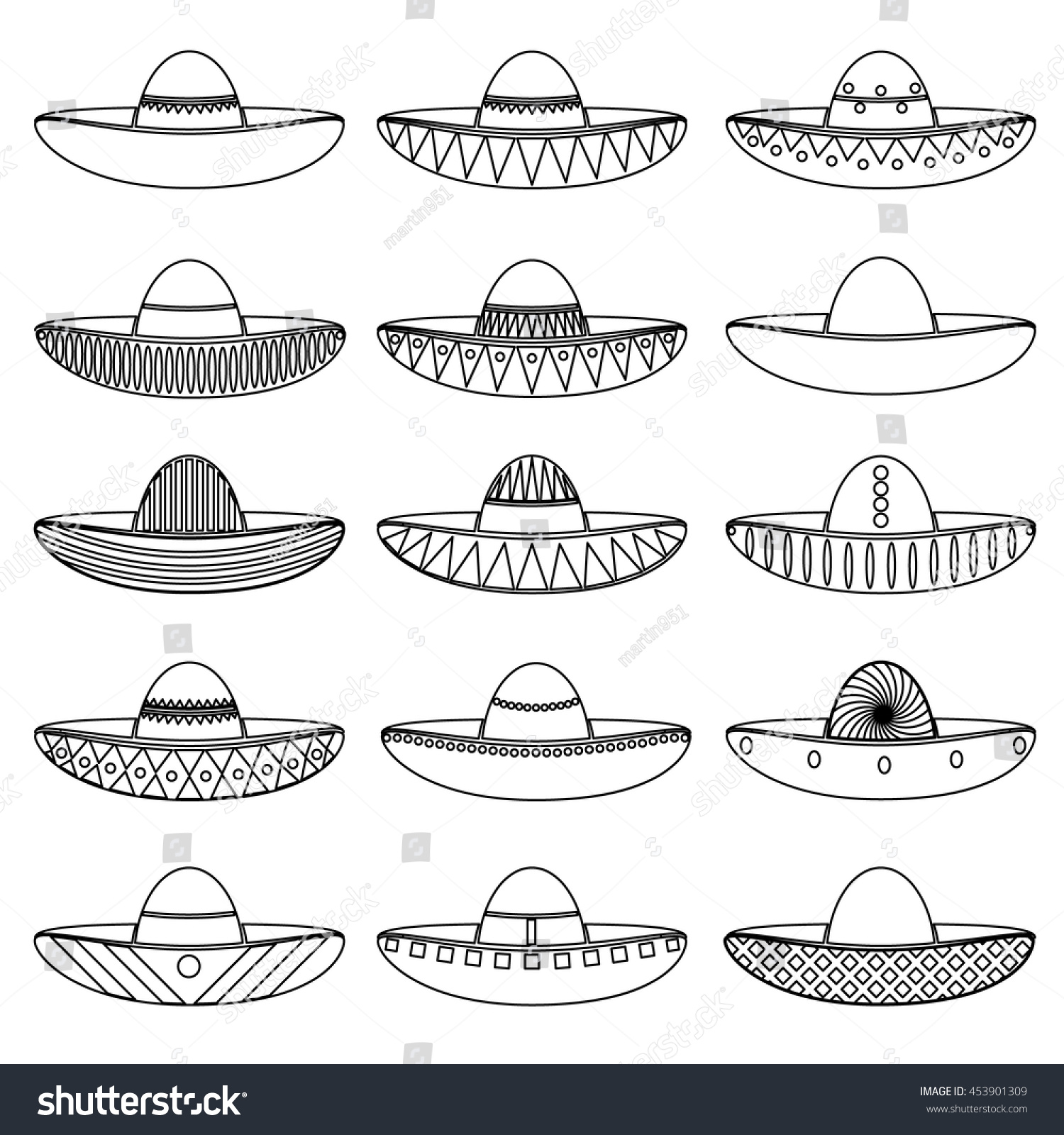 Mexico Sombrero Hat Variations Outline Icons Stock Vector Royalty Free