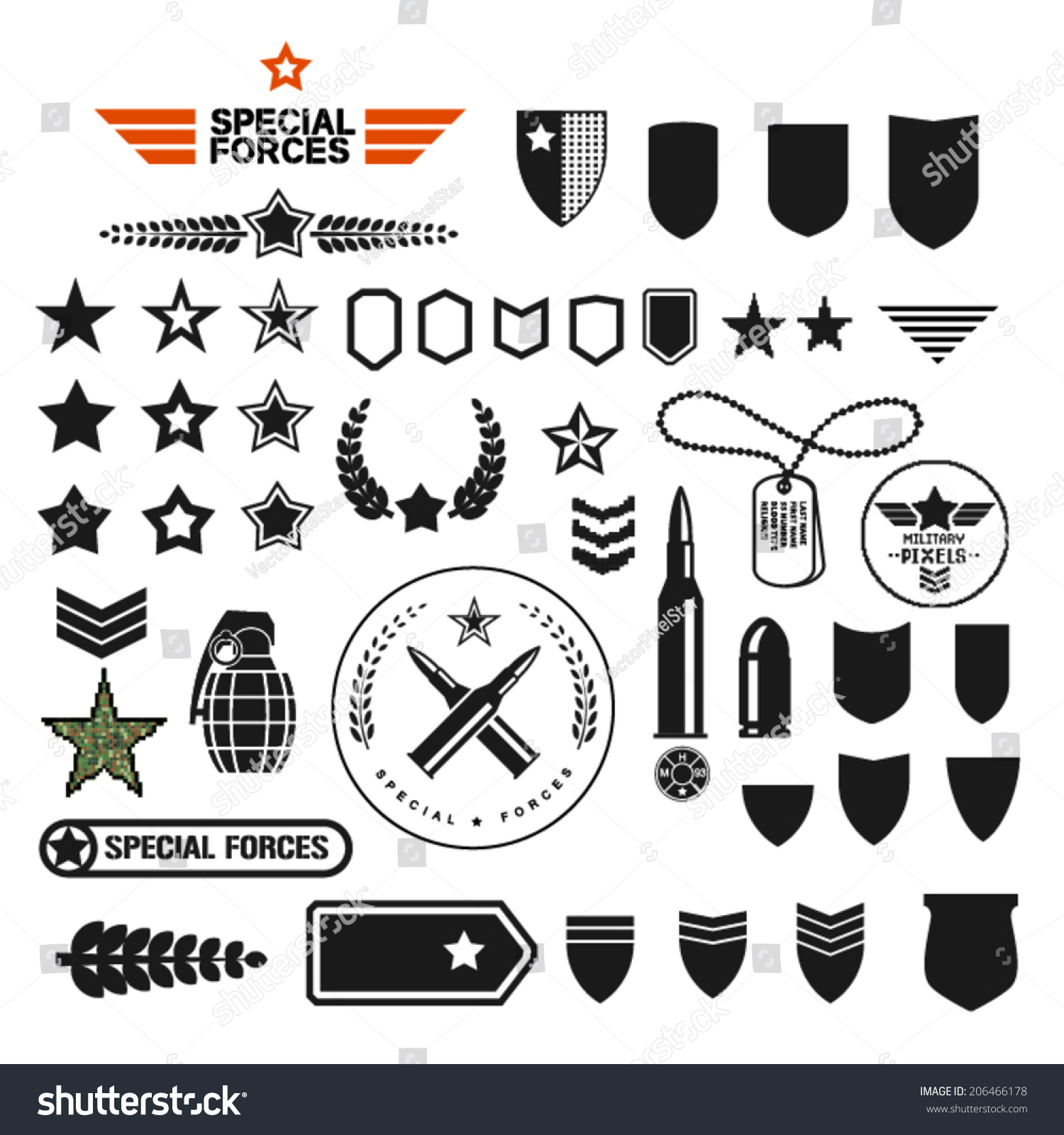 Military Style Set Symbolics And Badge For Army Stock Vector 