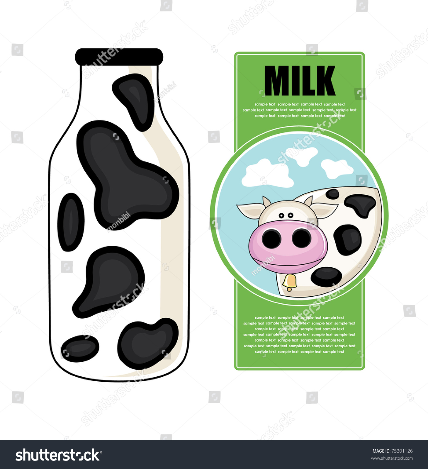 Milk Bottle With Cute Cow On Label. Vector - 75301126 : Shutterstock