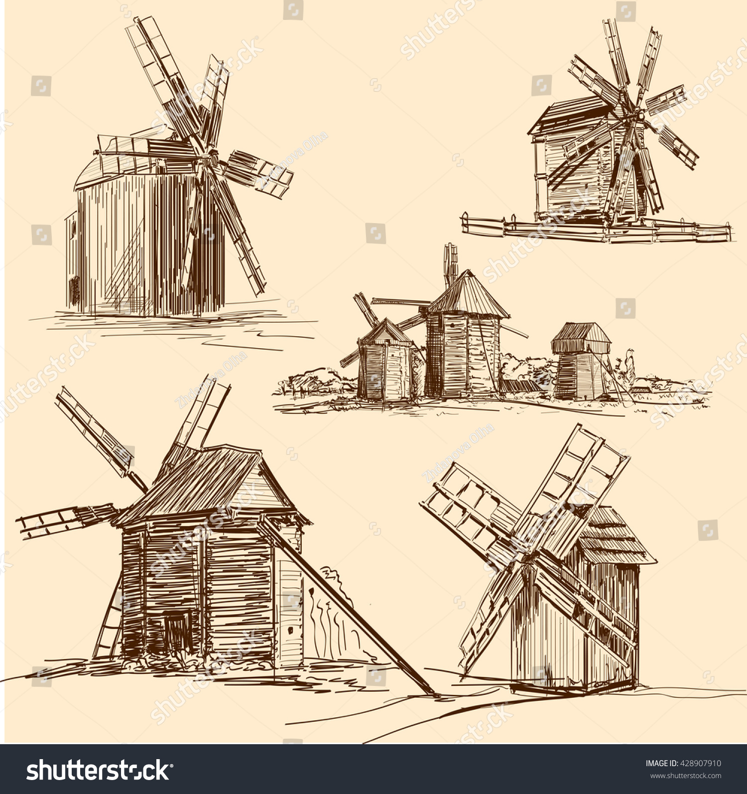 Mill Windmill Hand Drawn Illustration Sketch Stock Vector Royalty Free