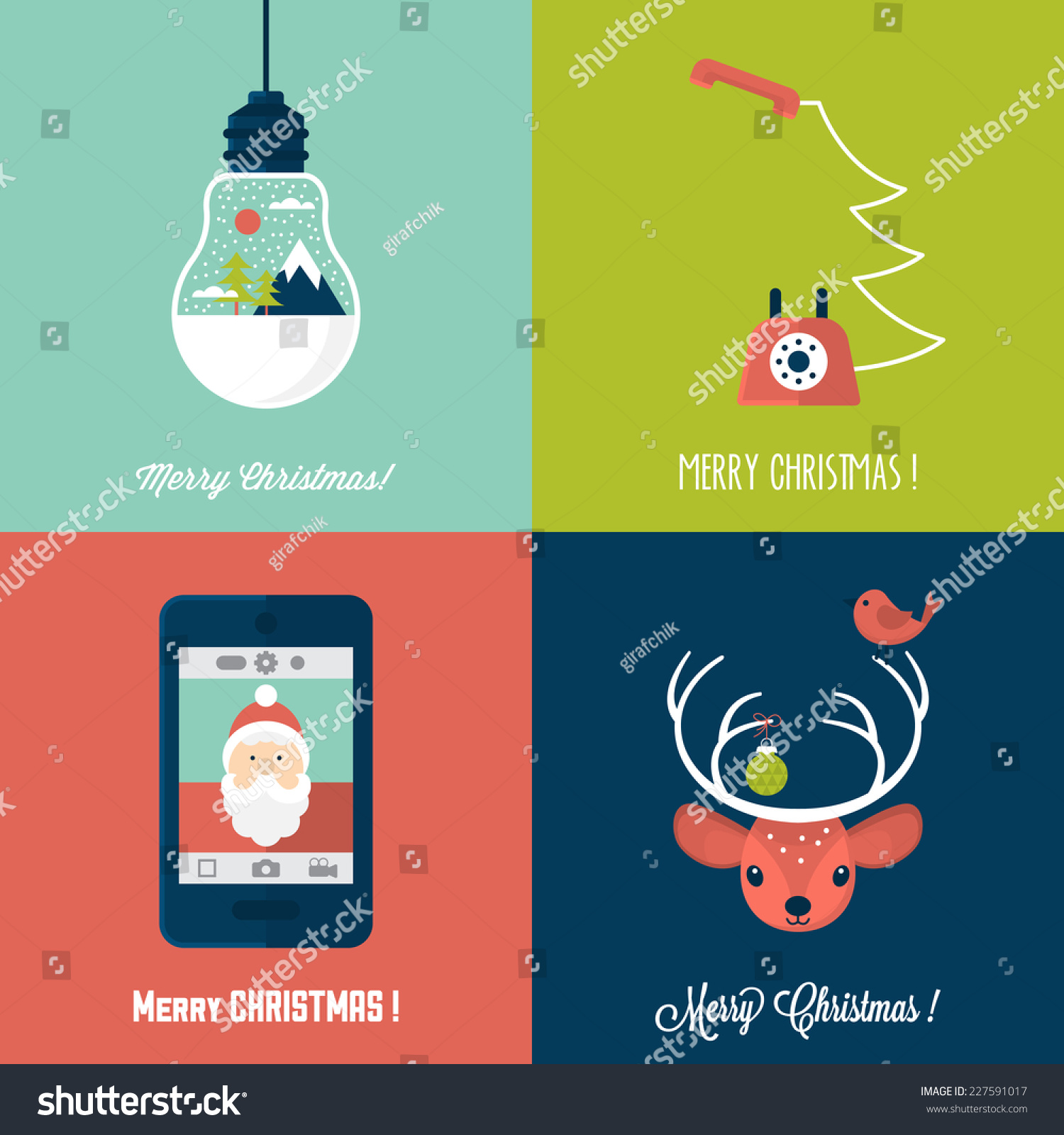 Modern Christmas Card Flat Stylish Design. Set Of Christmas Cards With