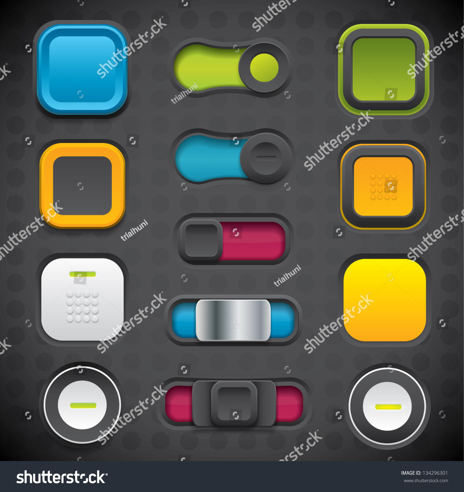 Modern Ui Button Set Including Switches And Push Buttons In Dark Color