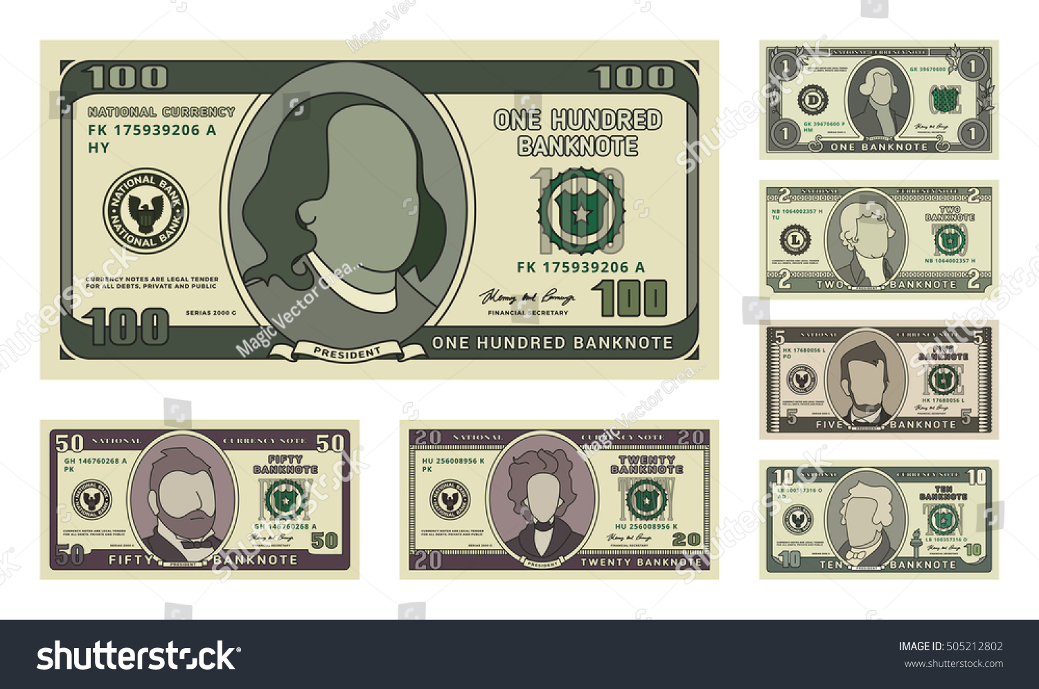 Money Bill Icons. Detailed Currency Banknotes. Cartoon American Dollars
