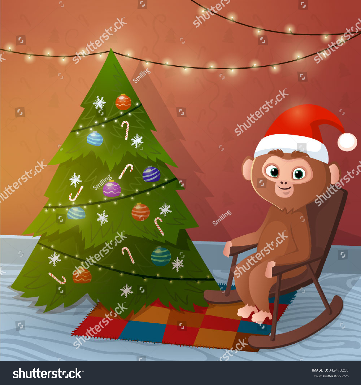 Monkey Santa Claus Sitting Under The Christmas Tree In The Chair