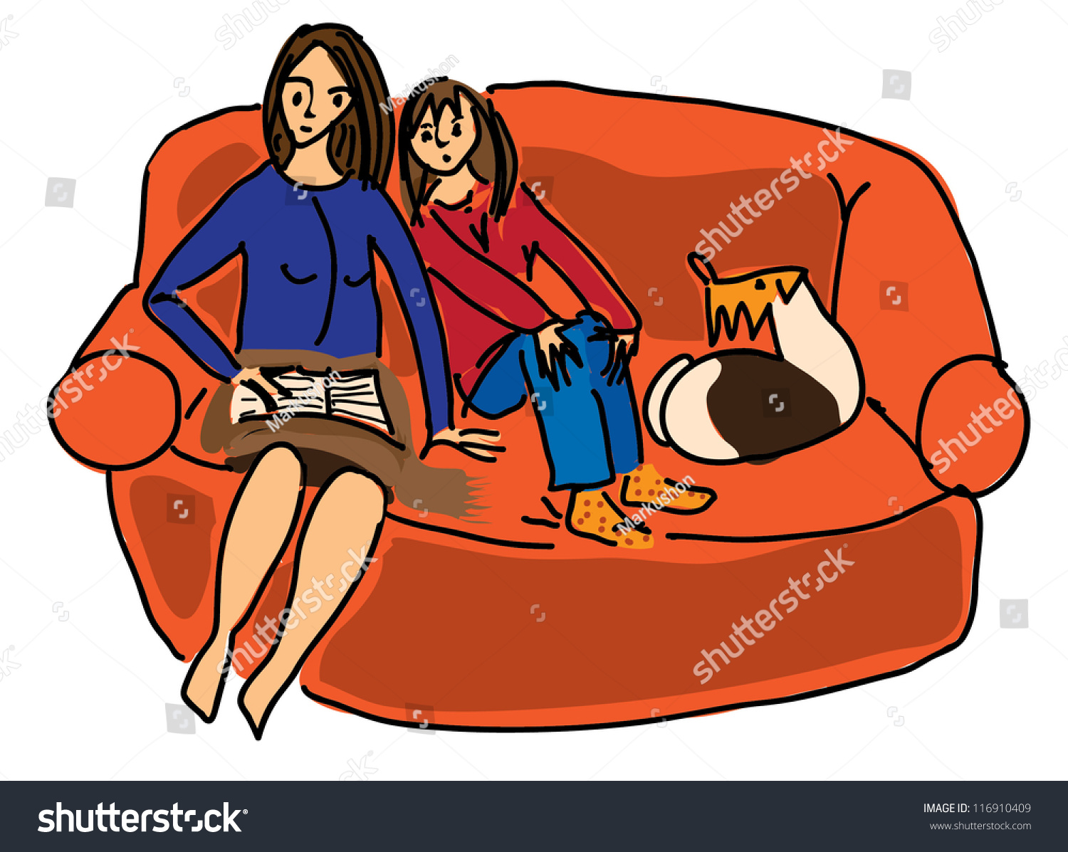 Mother Daughter Sitting On Sofa Stock Vector 116910409 Shutterstock