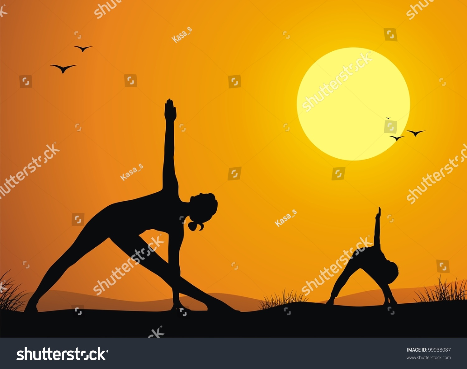 Mother with the son practice yoga against a sunset Mother with the son practice yoga against a sunset