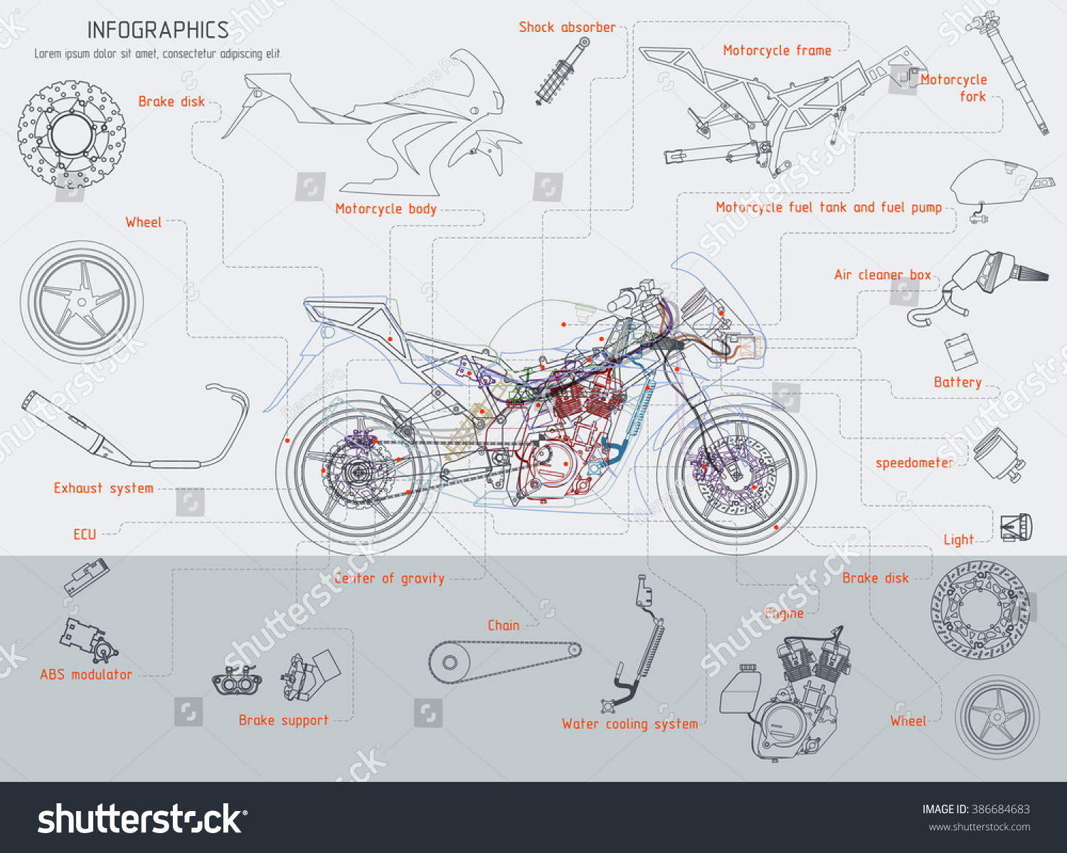 Motorcycle Structure Parts Diagramme Vector Illustration Stock Vector