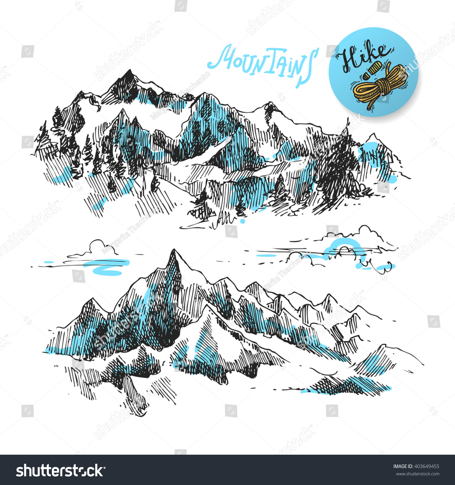 Mountains Sketch Contours Mountains Engraving Style Stock Vector