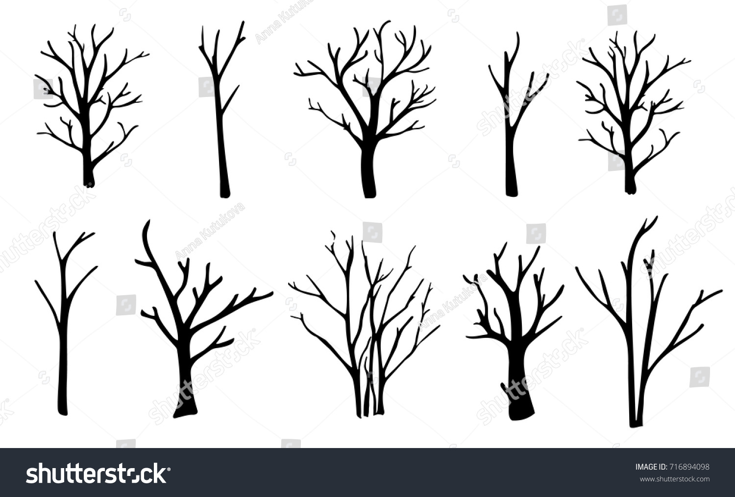 Naked Trees Silhouettes Set Hand Drawn Stock Vector Royalty Free