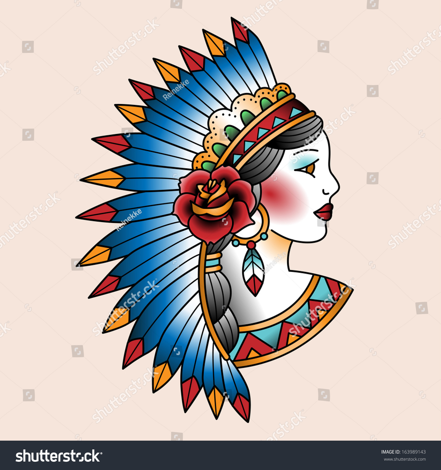 Native American Girl In National Headdress. Tattoo Art Illustration 