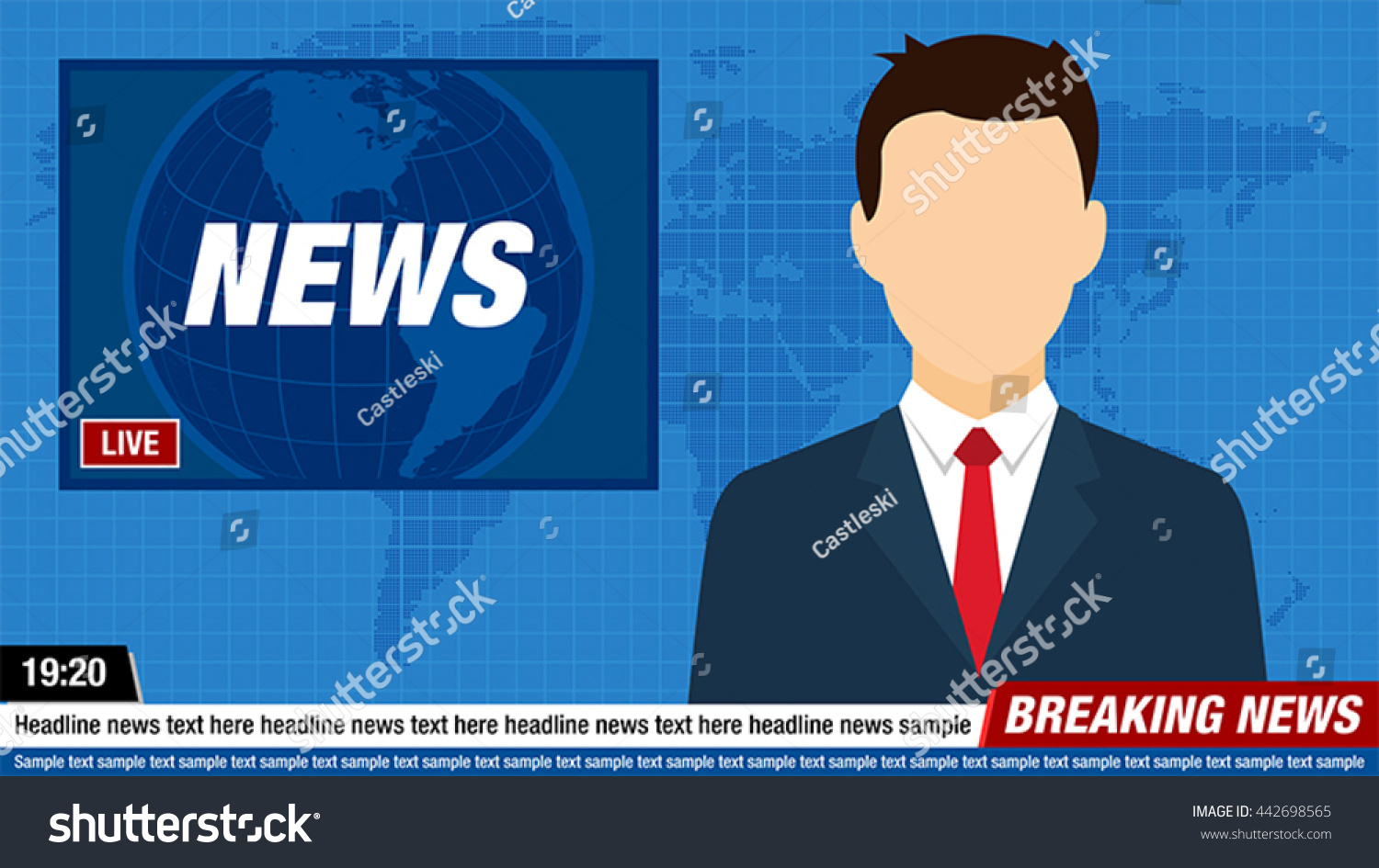 News Anchor On Tv Breaking News Background. Stock Vector Illustration