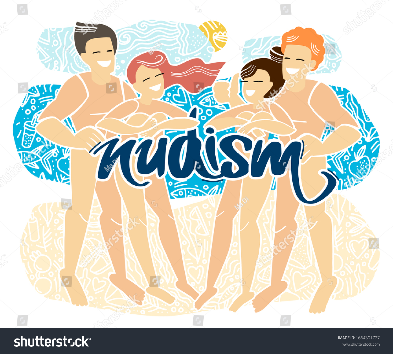 Nudism Nudist Beach Nude People Relax เวกเตอรสตอก ปลอดคาลขสทธ