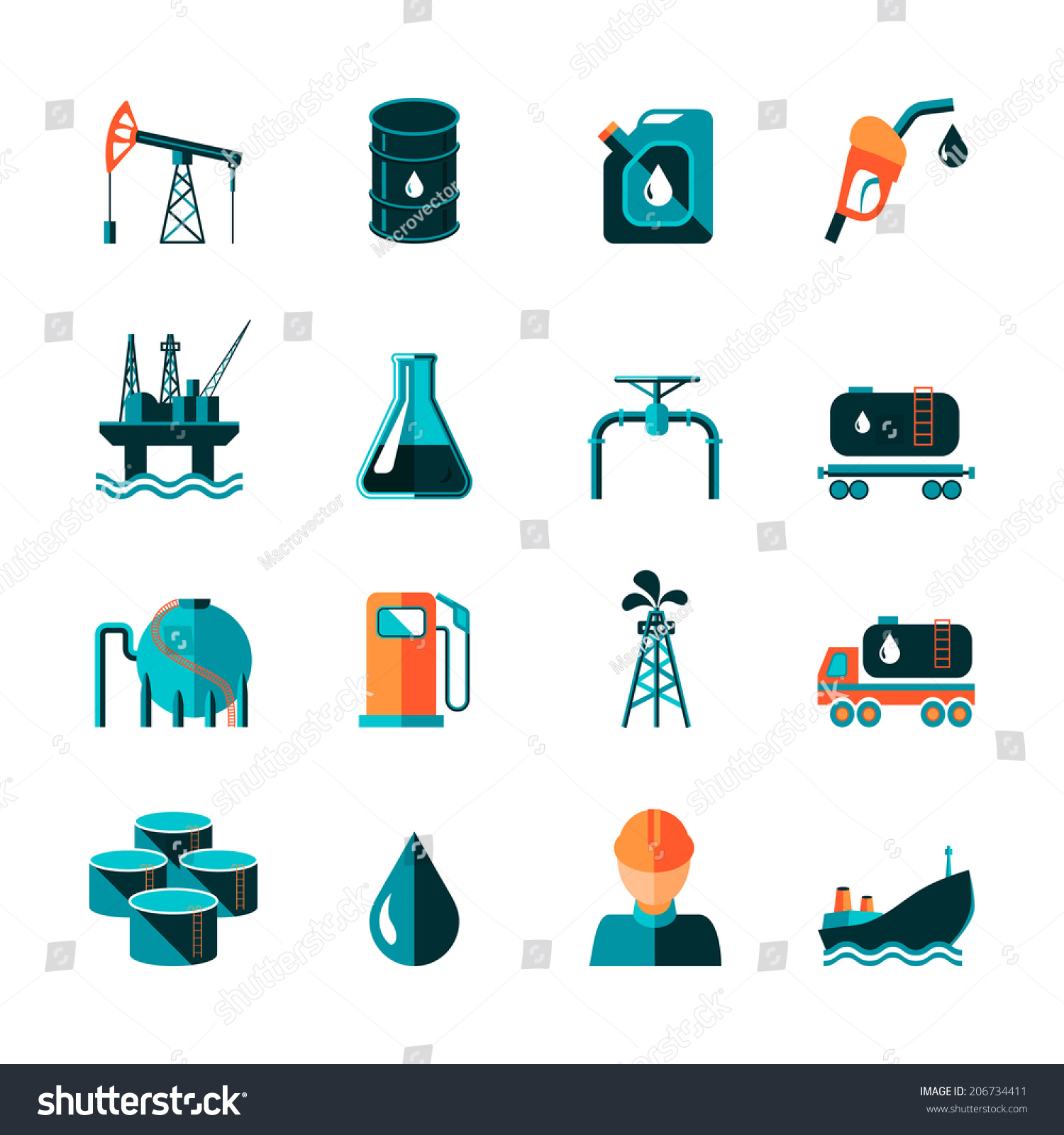 Oil Industry Gasoline Processing Symbols Icons Set In Flat Style With